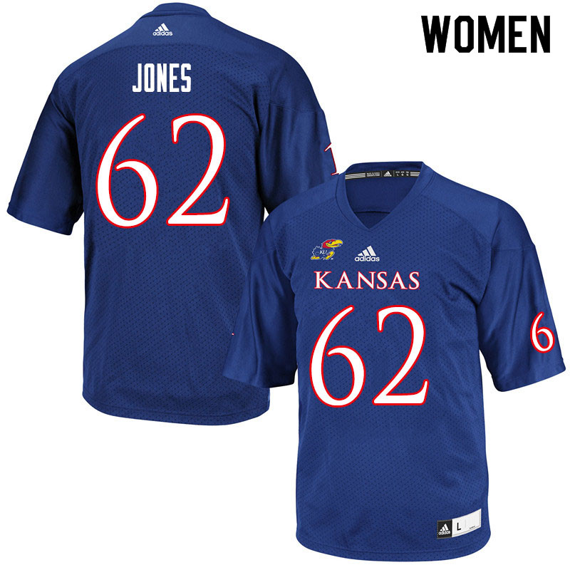 Women #62 Garrett Jones Kansas Jayhawks College Football Jerseys Sale-Royal - Click Image to Close